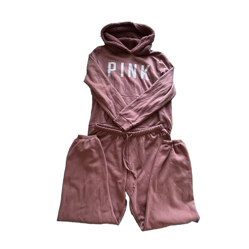 Victoria's Secret PINK Sherpa Hoodie + Pants Set Cocoa Powder Iridescent SIZE‎ L